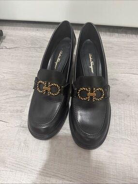 Salvatore Ferragamo Black Leather Loafers with Gold Gancini Trim